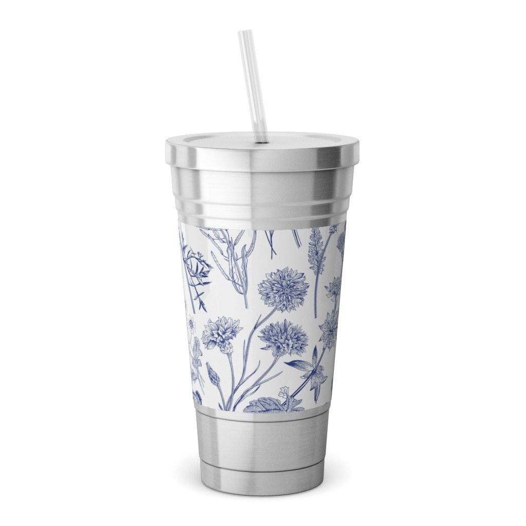 Wild Flowers - Blue Stainless Tumbler with Straw, 18oz, Blue