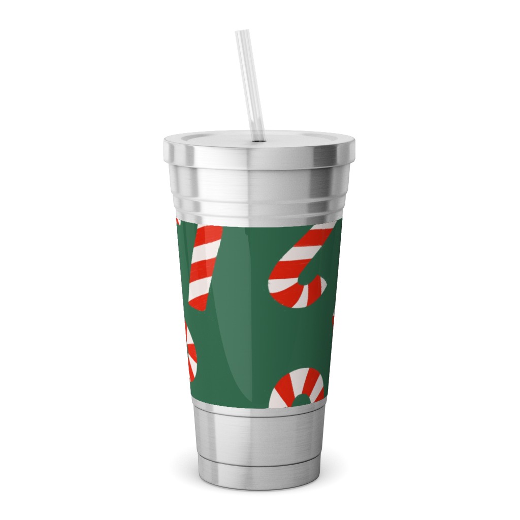 Candy Cane Pattern Stainless Tumbler with Straw, 18oz, Green