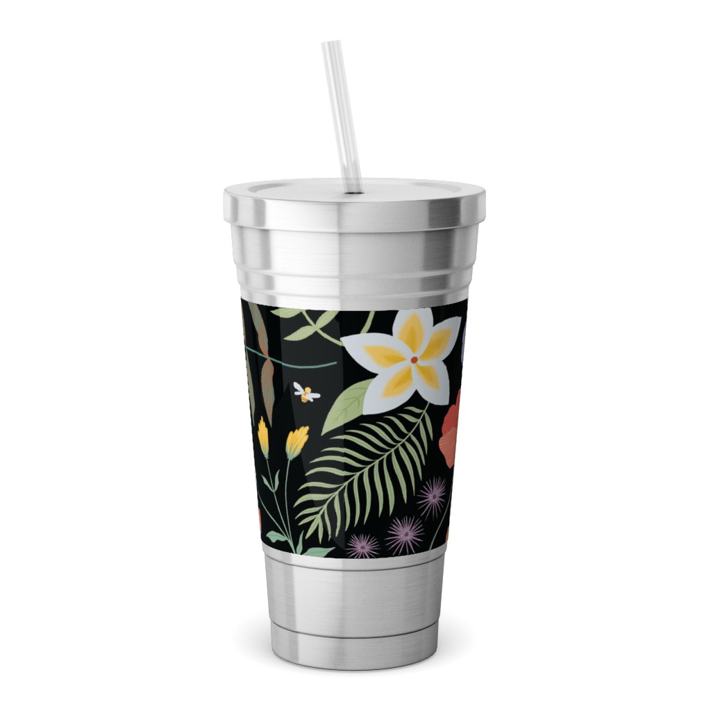 Hawaii Floral - Black Stainless Tumbler with Straw, 18oz, Multicolor