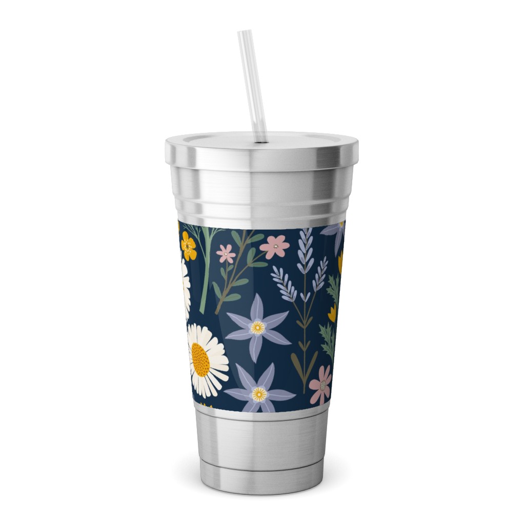 British Spring Meadow - Navy Stainless Tumbler with Straw, 18oz, Multicolor