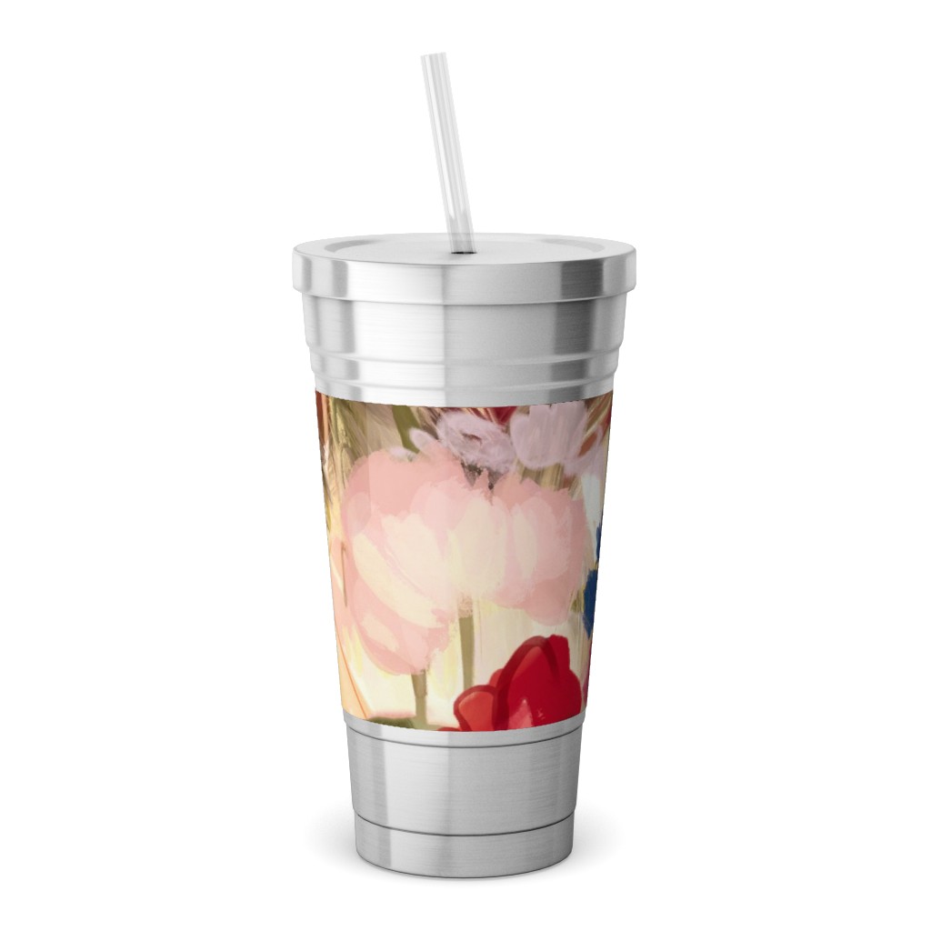 Painterly Abstract Floral Stainless Tumbler with Straw, 18oz, Pink