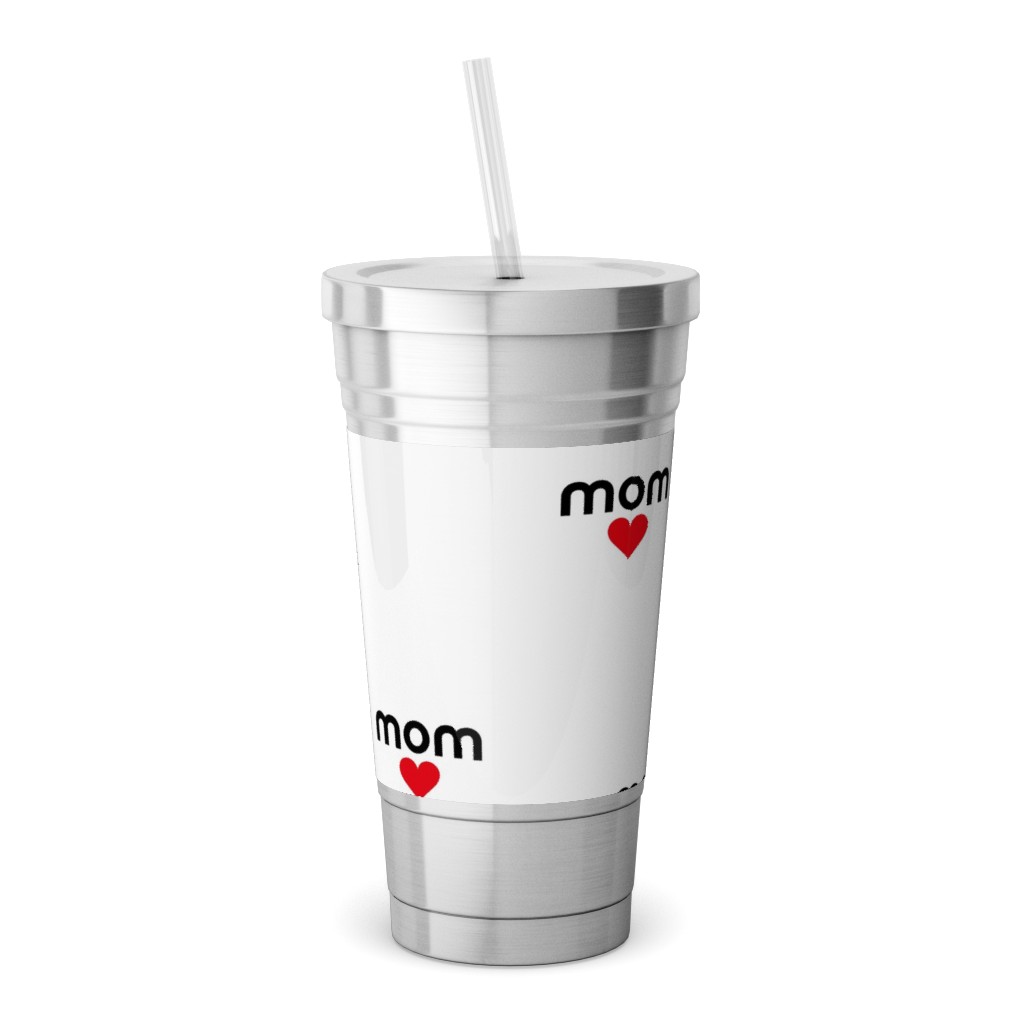 Mom Is Love - Hearts - Black White Red Stainless Tumbler with Straw, 18oz, Red