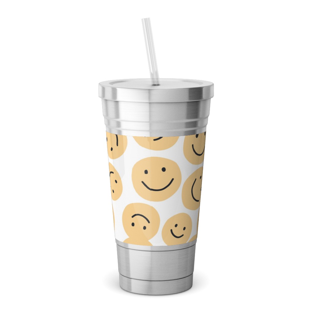 Happy Smiley Faces - Yellow Stainless Tumbler with Straw, 18oz, Yellow