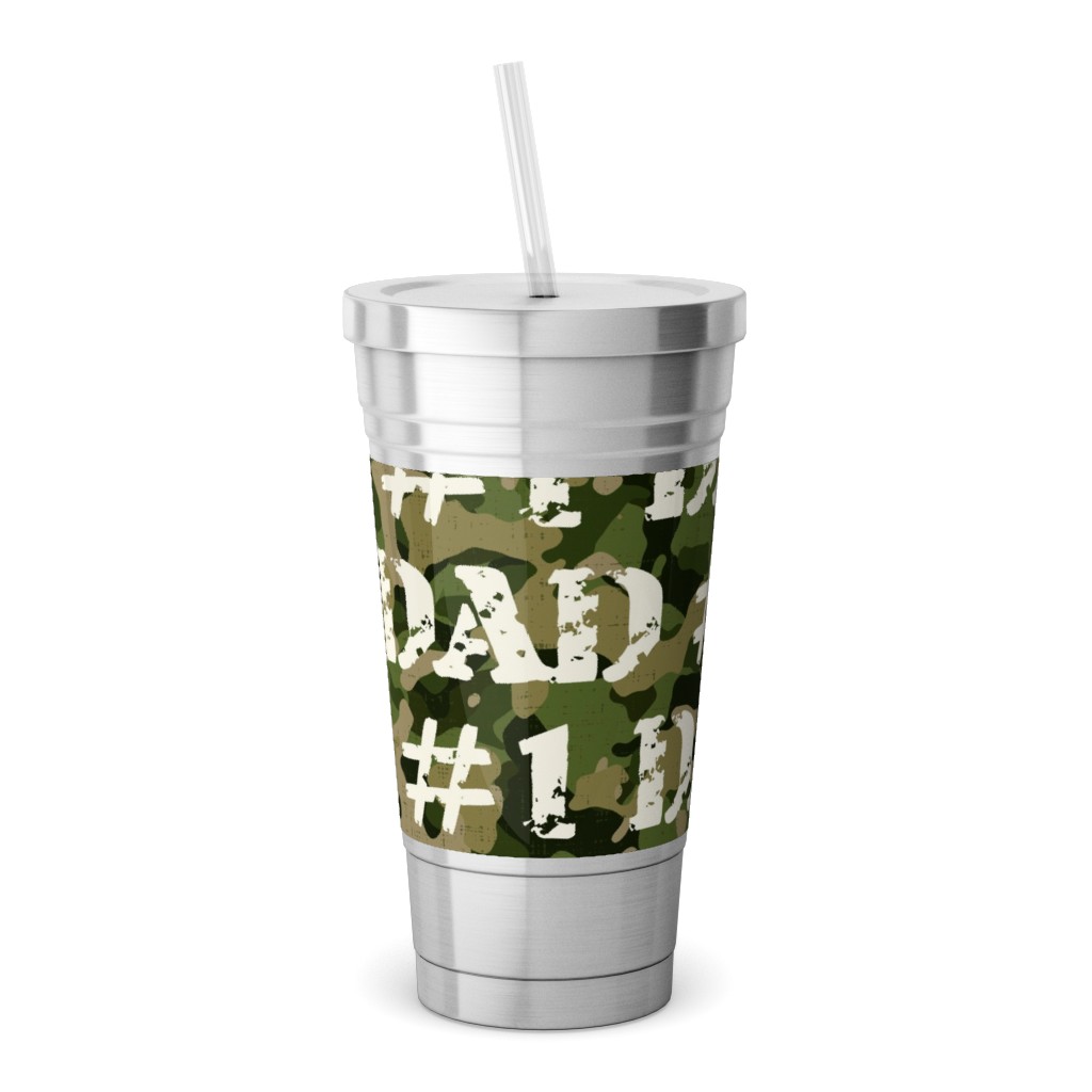 Number One Dad - Green Camo Stainless Tumbler with Straw, 18oz, Green