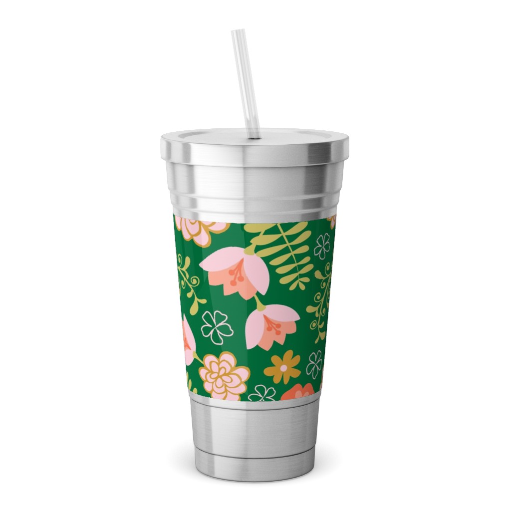 Fiesta Flowers - Green Stainless Tumbler with Straw, 18oz, Green