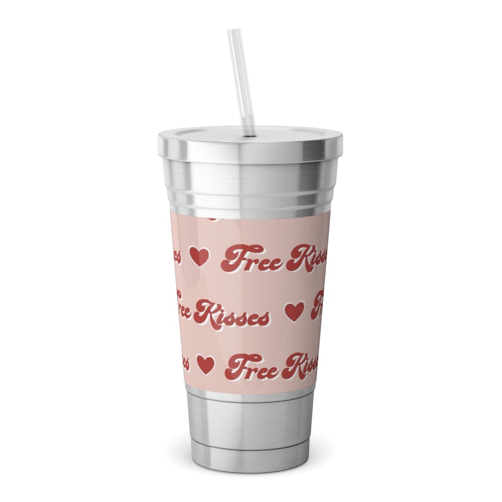 Free Kisses - Retro Hearts - Red on Pink Stainless Tumbler with Straw, 18oz, Pink