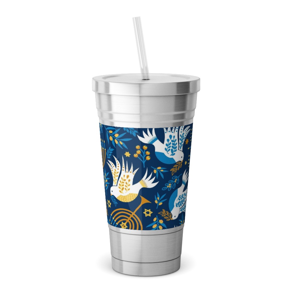 Hanukkah Birds and Menorahs - Dark Blue Stainless Tumbler with Straw, 18oz, Blue