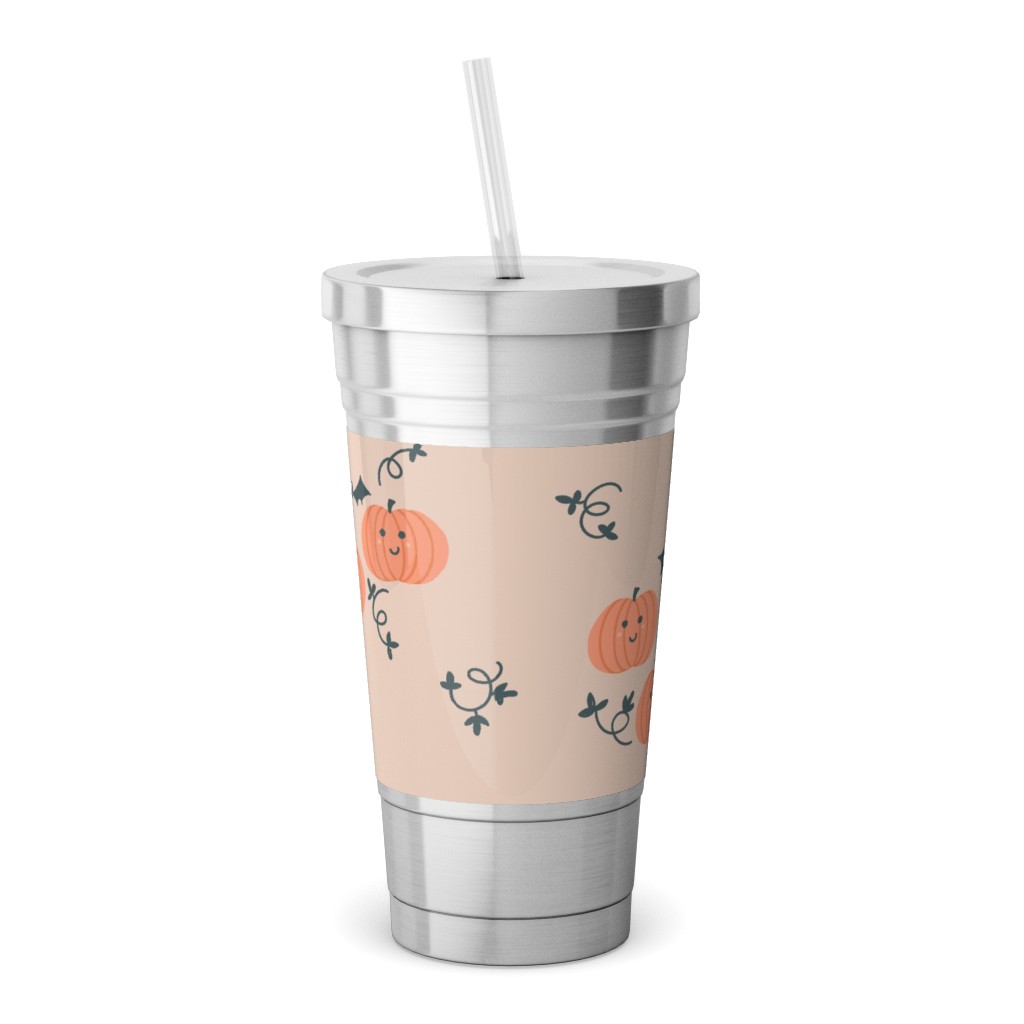 Cute Pumpkins and Bats - Orange and Black Stainless Tumbler with Straw, 18oz, Orange