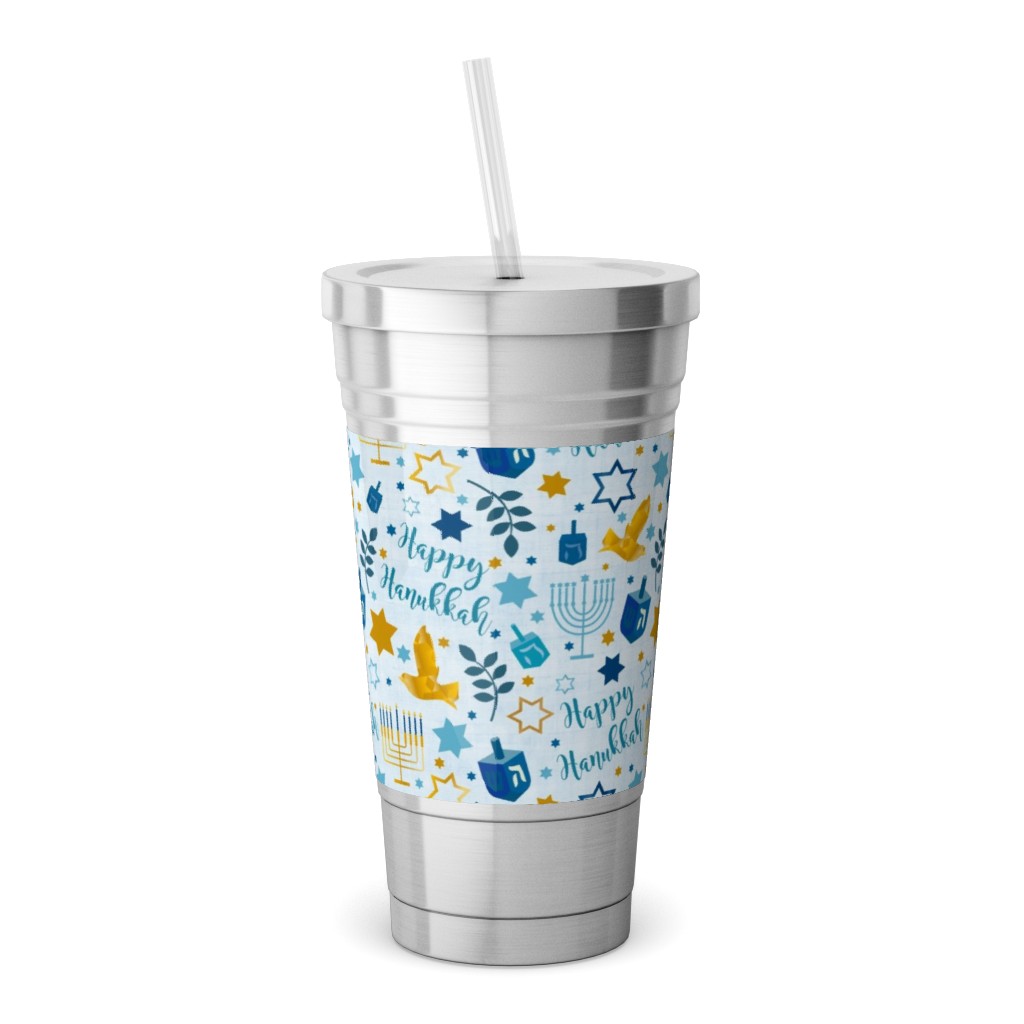 Happy Hanukkah - Blue Stainless Tumbler with Straw, 18oz, Blue