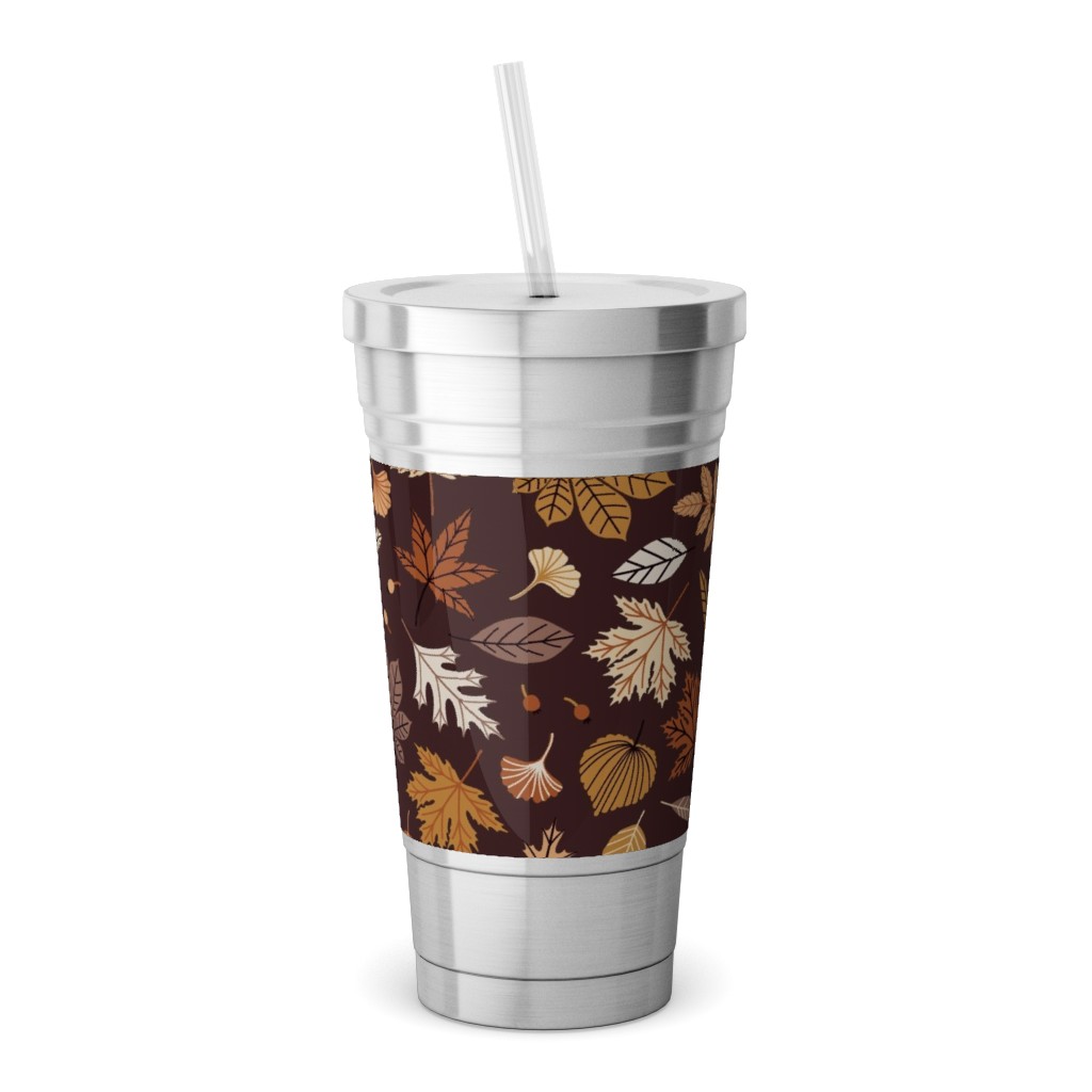 Falling Leaves - Brown Stainless Tumbler with Straw, 18oz, Brown