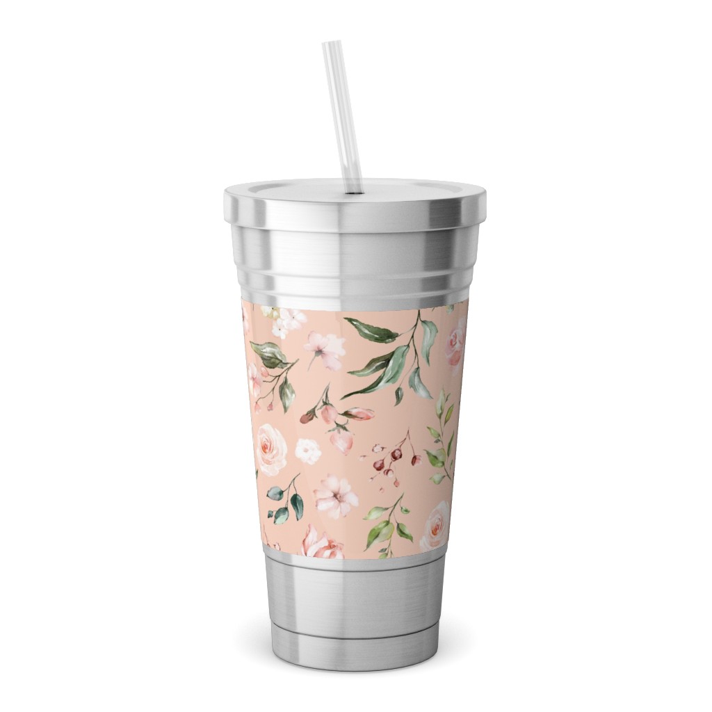 Celestial Rose Floral - Blush Stainless Tumbler with Straw, 18oz, Pink