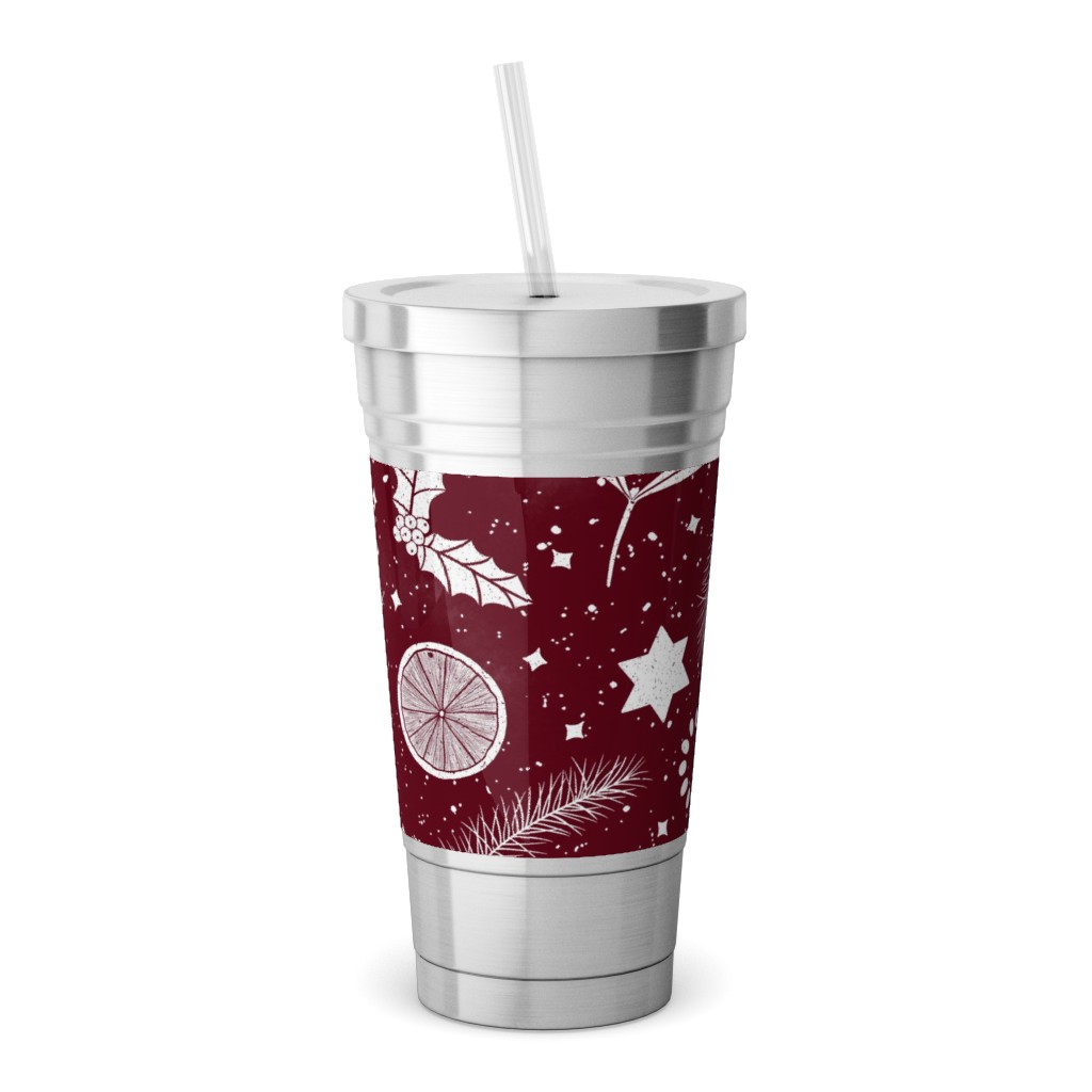 Festive Christmas Print Stars, Mistletoe, Orange, Holly and Pine Branch on Burgundy Stainless Tumbler with Straw, 18oz, Red