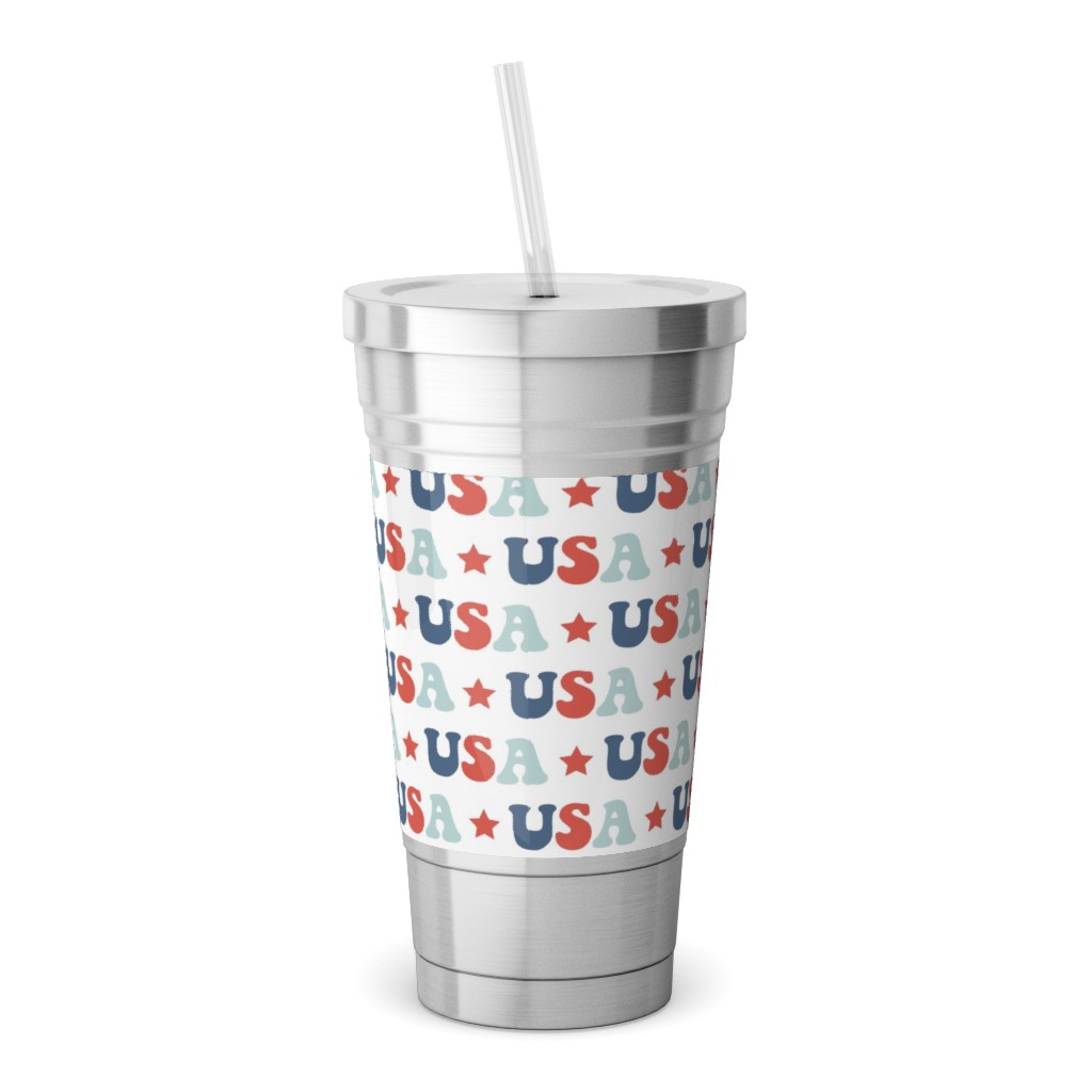 Usa - Groovy Vintage - Red White Blue Stainless Tumbler with Straw, 18oz, Multicolor
