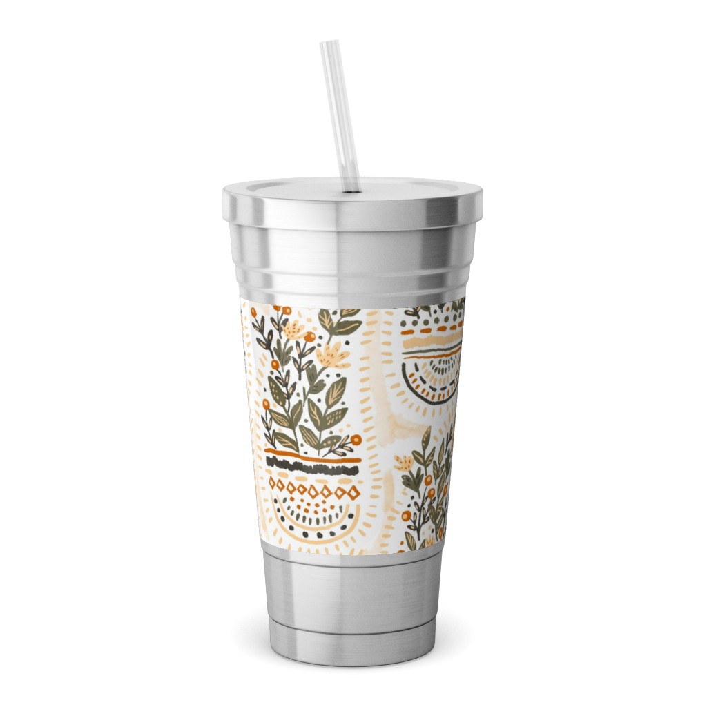 the Gardener's Pocket - Earthy Stainless Tumbler with Straw, 18oz, Beige