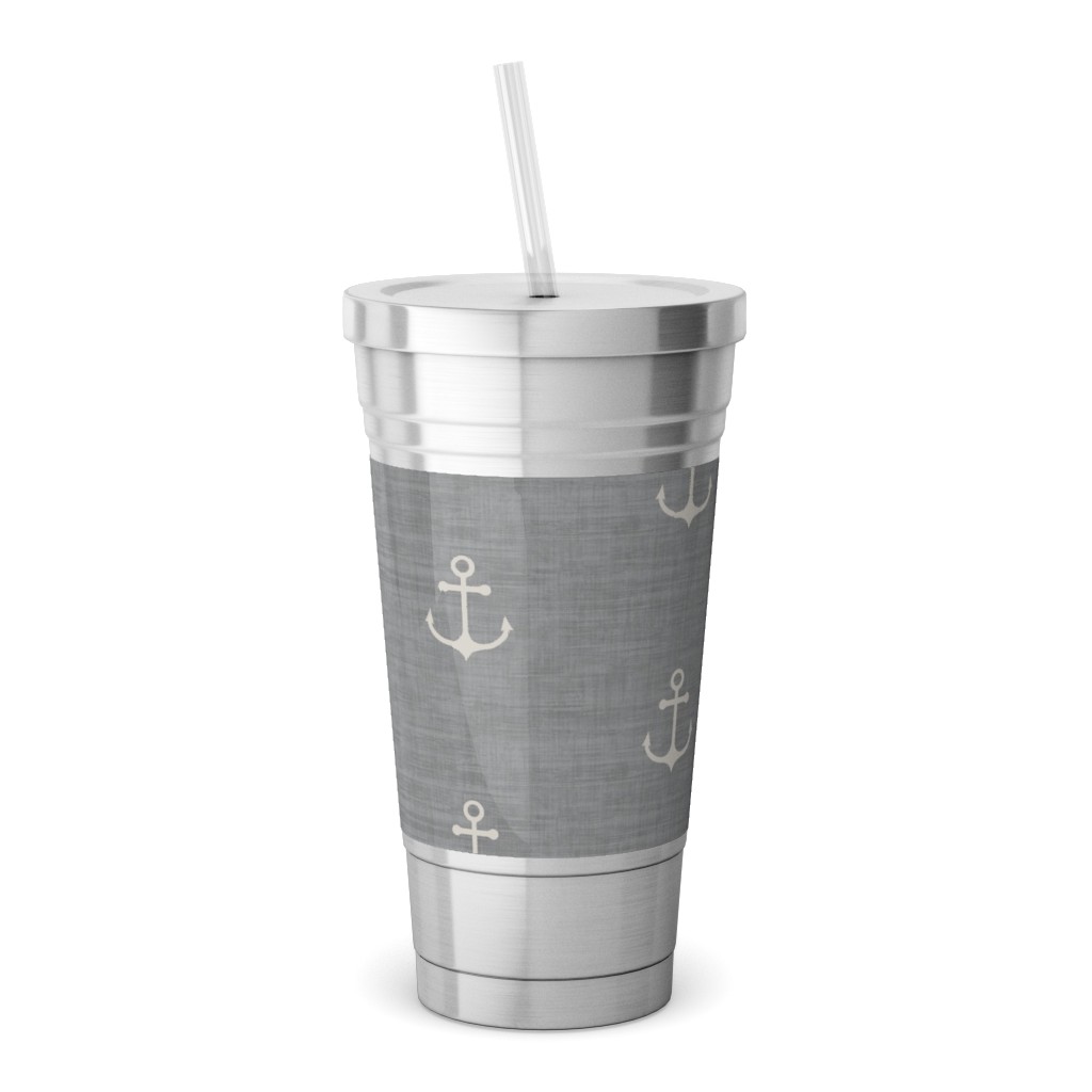 Anchor - Ivory on Light Grey Texture Stainless Tumbler with Straw, 18oz, Gray