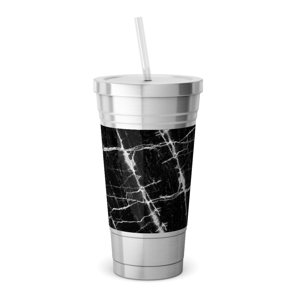 Cracked Black Marble Stainless Tumbler with Straw, 18oz, Black