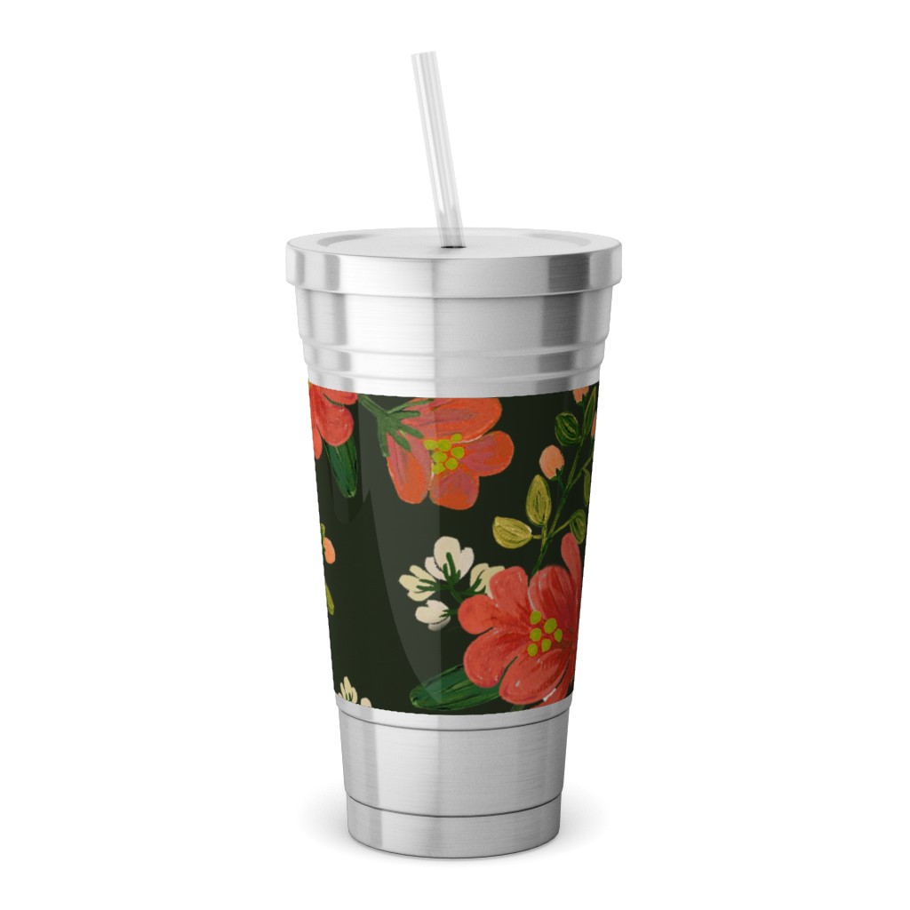 Holiday Floral Stainless Tumbler with Straw, 18oz, Green
