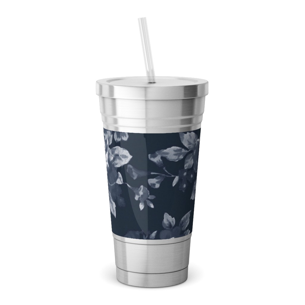 Navy Floral Stainless Tumbler with Straw, 18oz, Blue