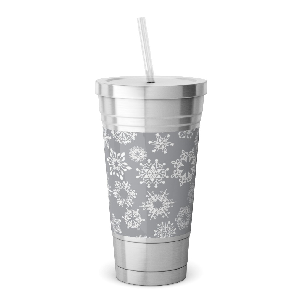 Snowflake Silver Stainless Tumbler with Straw, 18oz, Gray