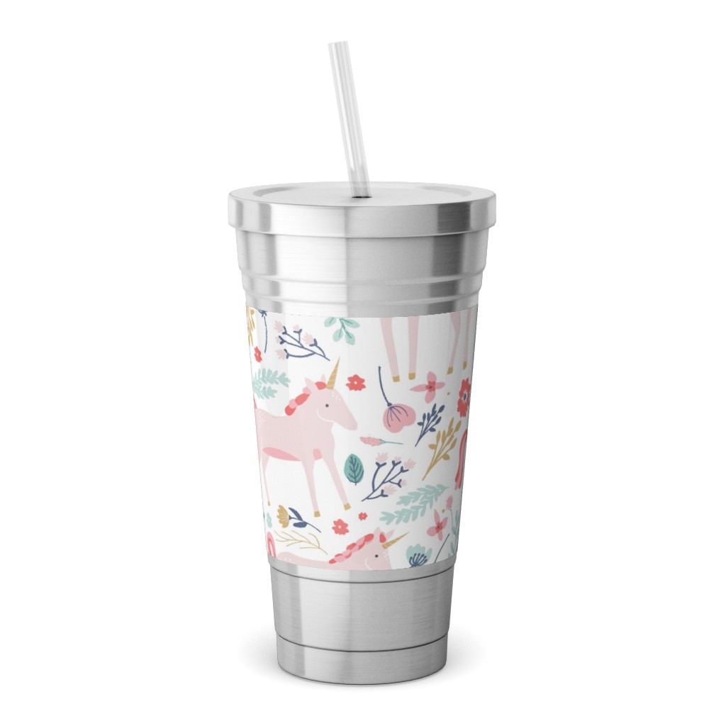 Unicorn Fields Stainless Tumbler with Straw, 18oz, Pink