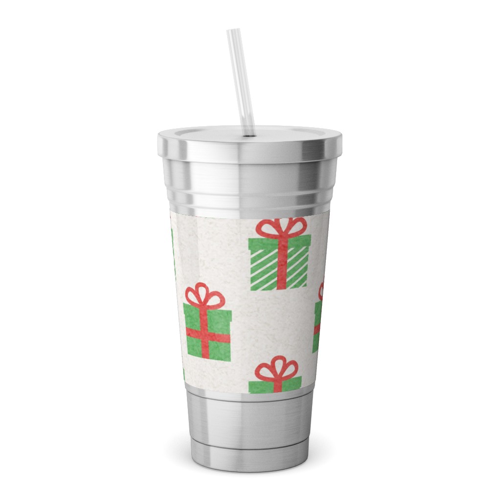 Christmas Presents Stainless Tumbler with Straw, 18oz, Multicolor
