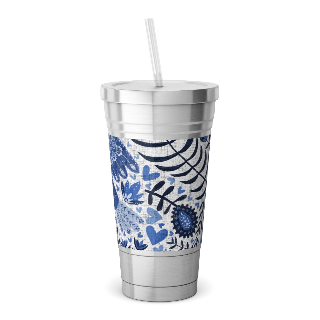 Scandinavian Birds Indigo Blue Stainless Tumbler with Straw Shutterfly