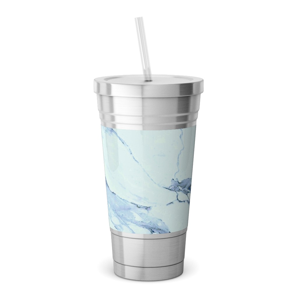 Marble - Blue Stainless Tumbler with Straw, 18oz, Blue
