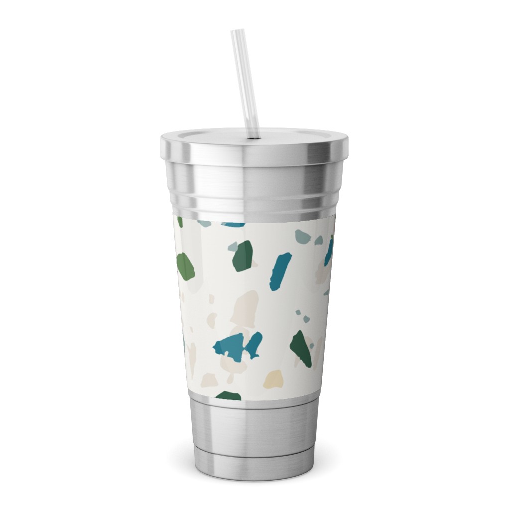 Terrazzo - Green on Cream Stainless Tumbler with Straw, 18oz, Green