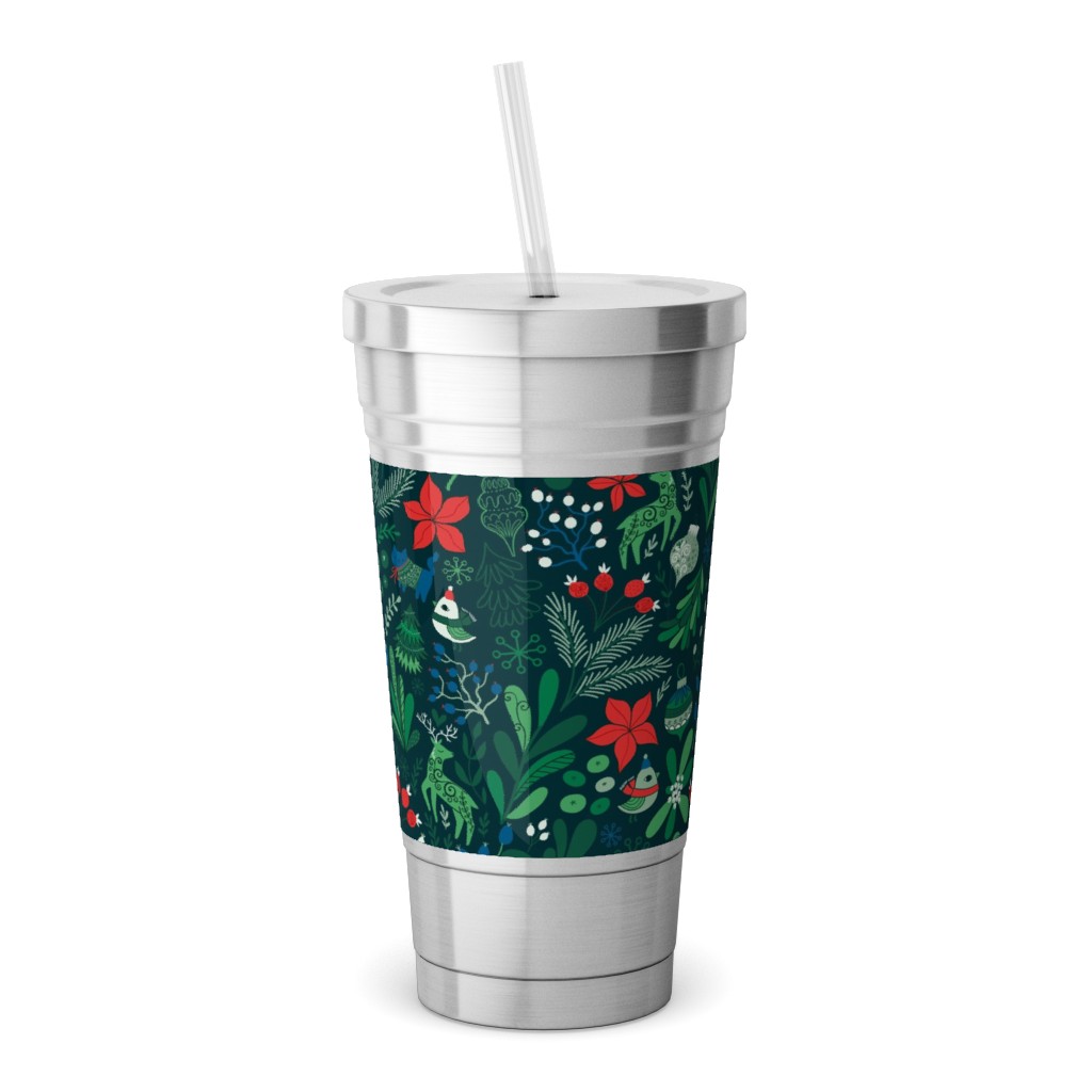 Merry Christmas Floral - Dark Stainless Tumbler with Straw, 18oz, Green