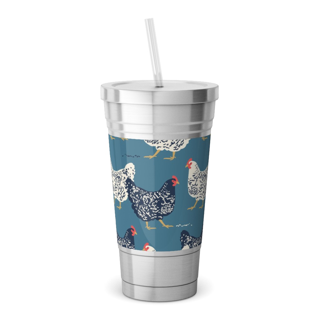 Farmhouse Chickens - Blue Stainless Tumbler with Straw, 18oz, Blue