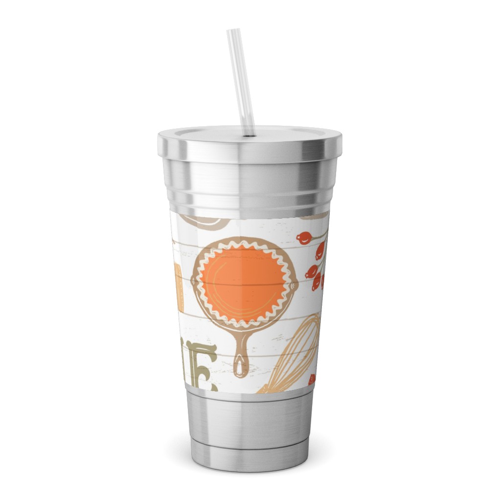 Gather Round & Give Thanks - a Fall Festival of Food, Fun, Family, Friends, and Pie! Stainless Tumbler with Straw, 18oz, Orange