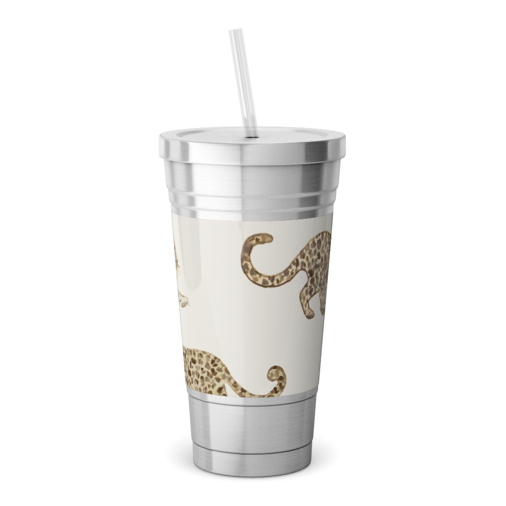 Leopard Parade Stainless Tumbler with Straw, 18oz, Beige