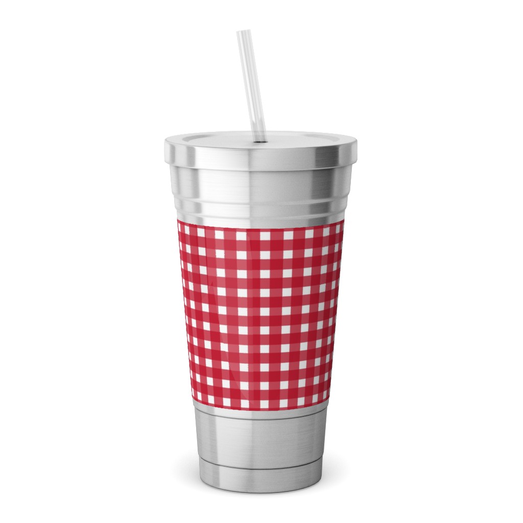 Classic Gingham - Red Stainless Tumbler with Straw, 18oz, Red