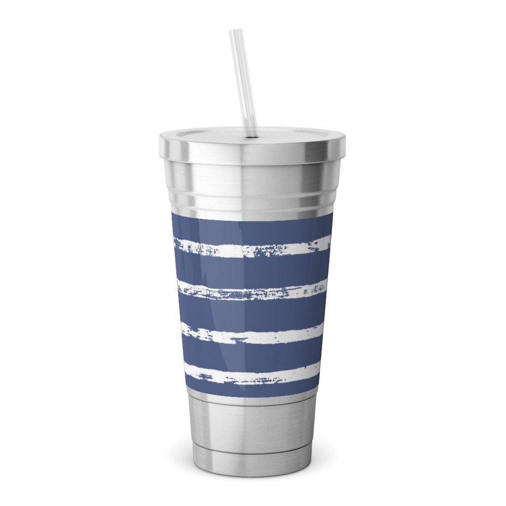 Distressed Dusty Blue and White Stripes Stainless Tumbler with Straw, 18oz, Blue