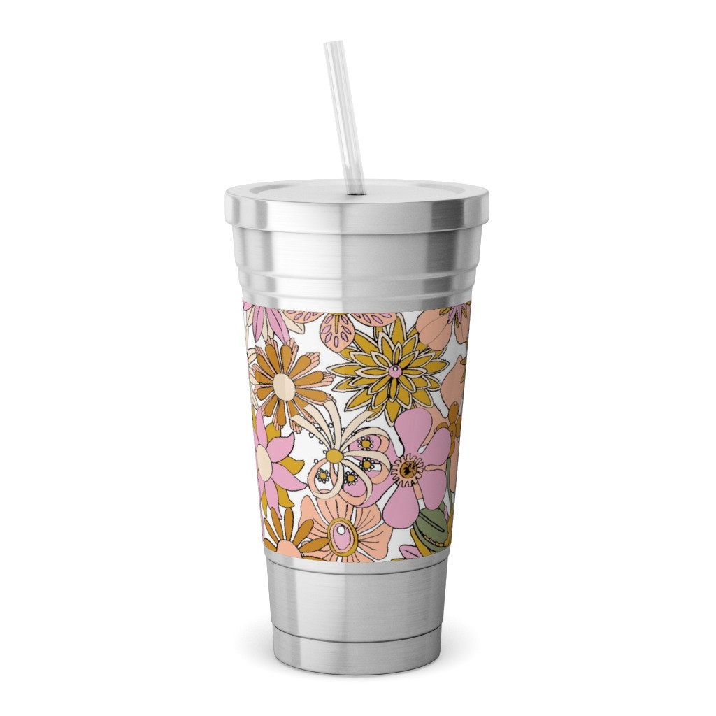 Chelsea Vintage Floral Garden - Pink Stainless Tumbler with Straw, 18oz, Pink