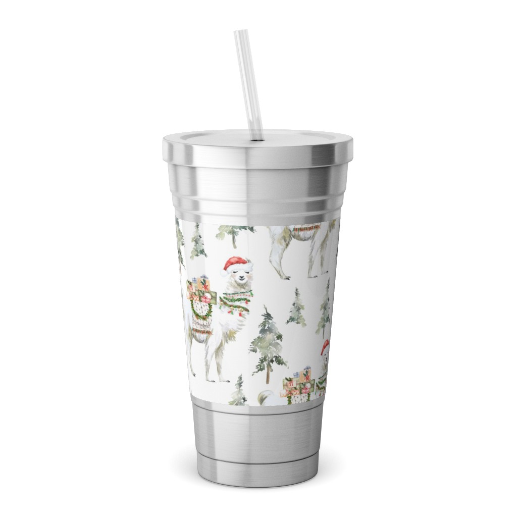 Winter Christmas Llama Stainless Tumbler with Straw, 18oz, Multicolor
