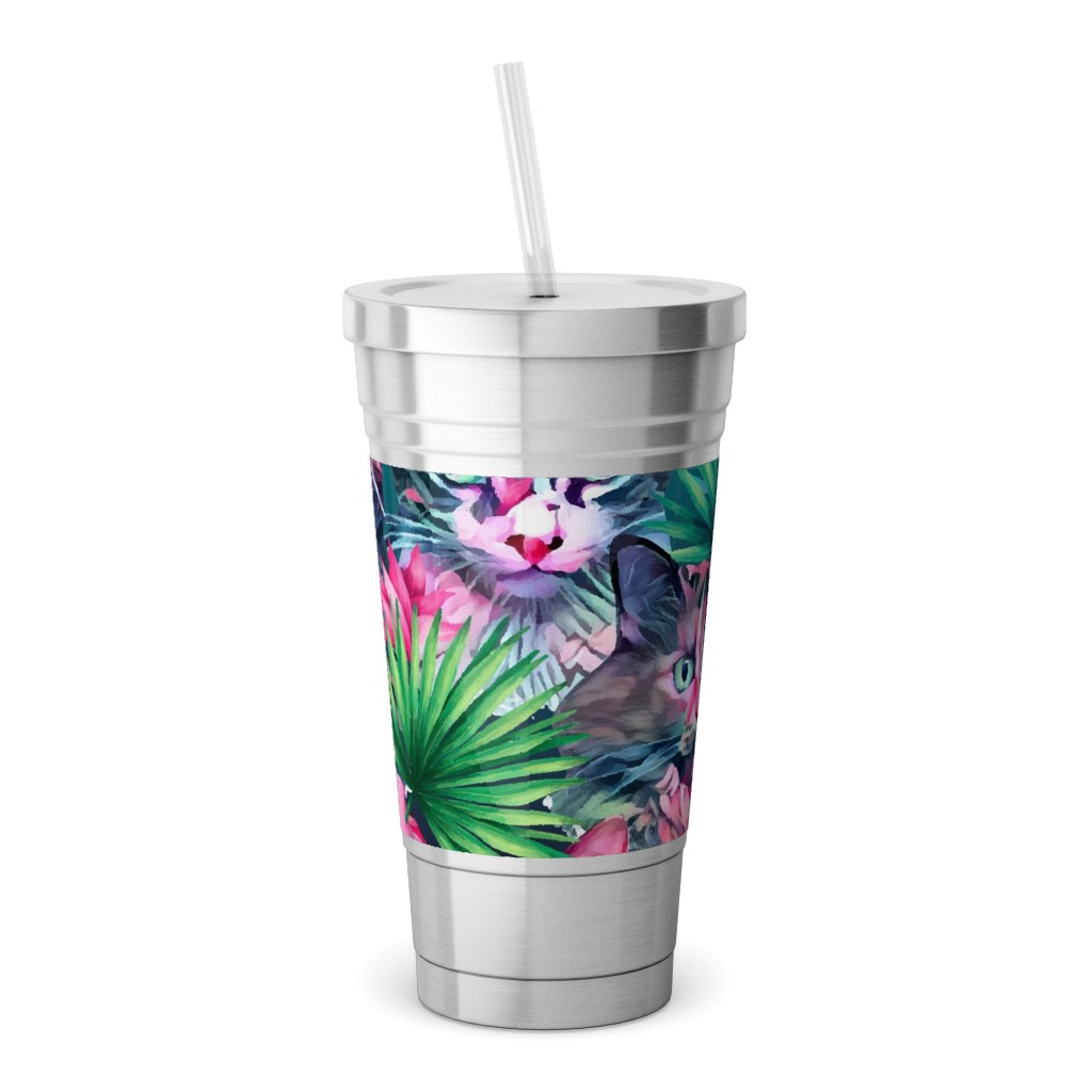 Summer Floral Cats - Multi Stainless Tumbler with Straw, 18oz, Multicolor