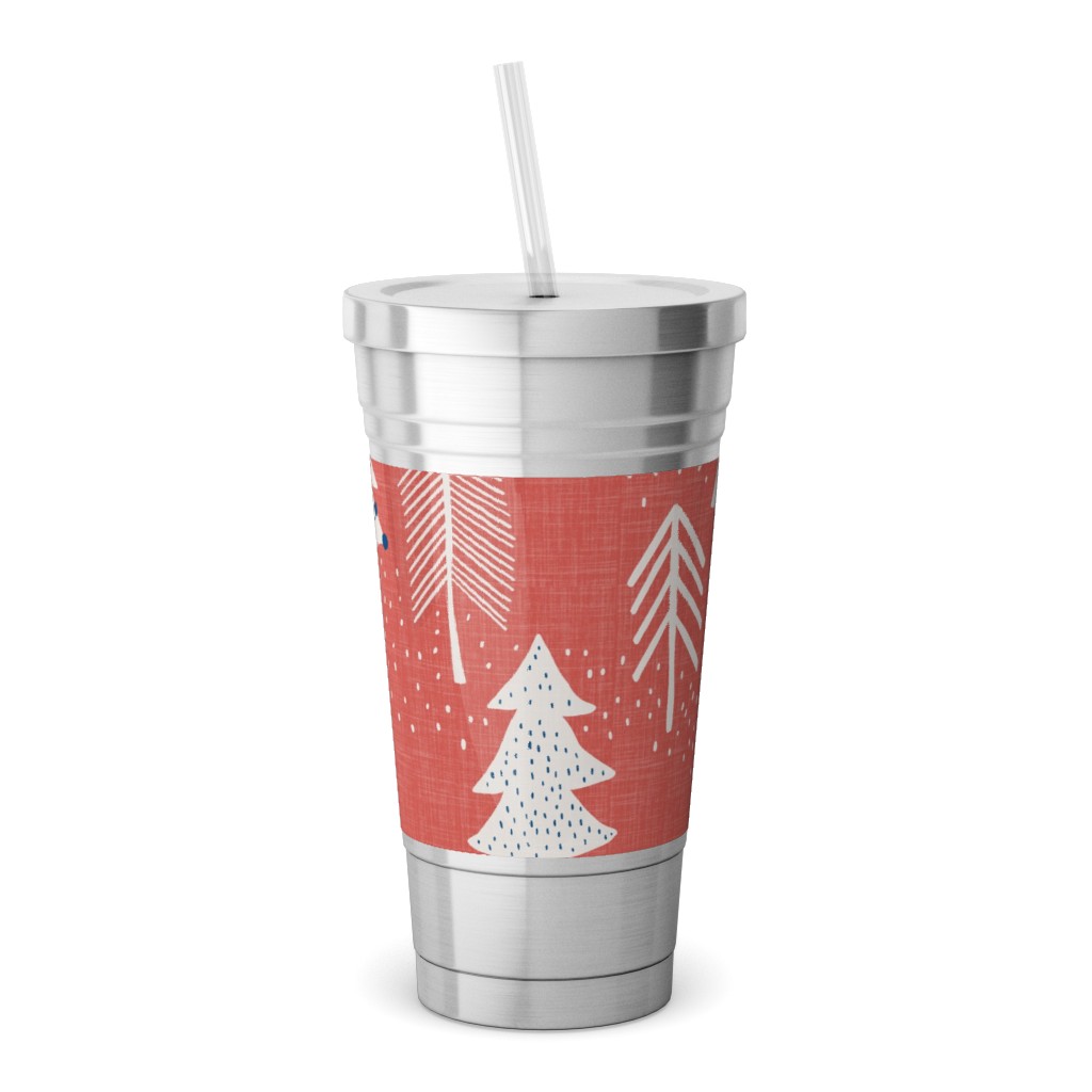 Evergreen Forest Stainless Tumbler with Straw, 18oz, Red