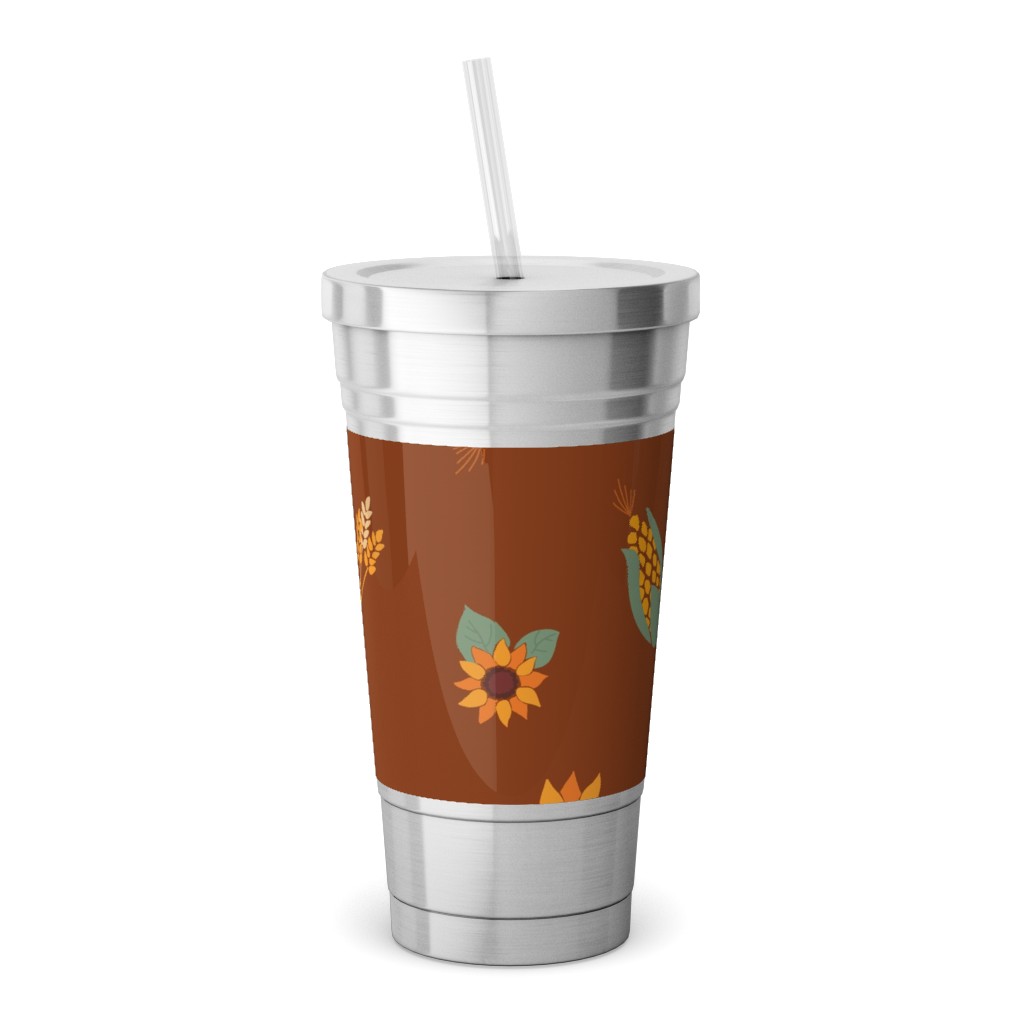 Corn & Sunflowers Stainless Tumbler with Straw, 18oz, Brown
