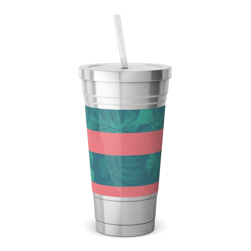 Monstera Leaf Stripes Stainless Tumbler with Straw, 18oz, Green
