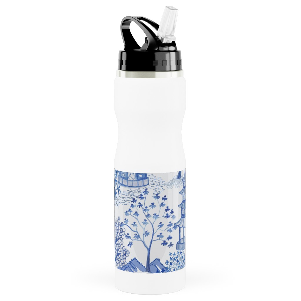 Pagoda Forest - Blue Stainless Steel Water Bottle with Straw, 25oz, With Straw, Blue