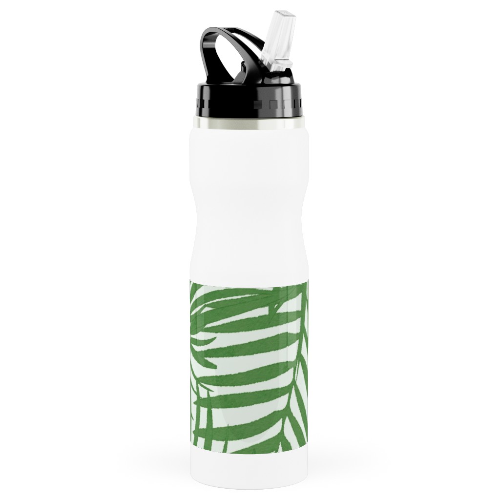 Watercolor Fronds - Green Stainless Steel Water Bottle with Straw, 25oz, With Straw, Green
