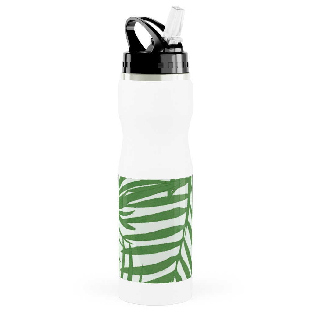 Watercolor Fronds - Green Stainless Steel Water Bottle with Straw, 25oz, With Straw, Green, Classic Green