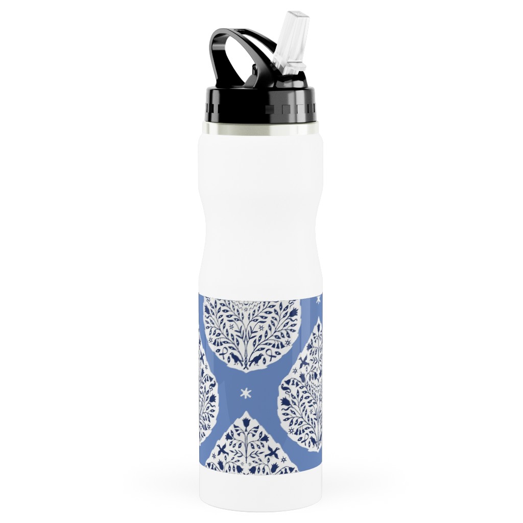 Conway Paisley - Cobalt and Navy Stainless Steel Water Bottle with Straw, 25oz, With Straw, Blue, True Blue