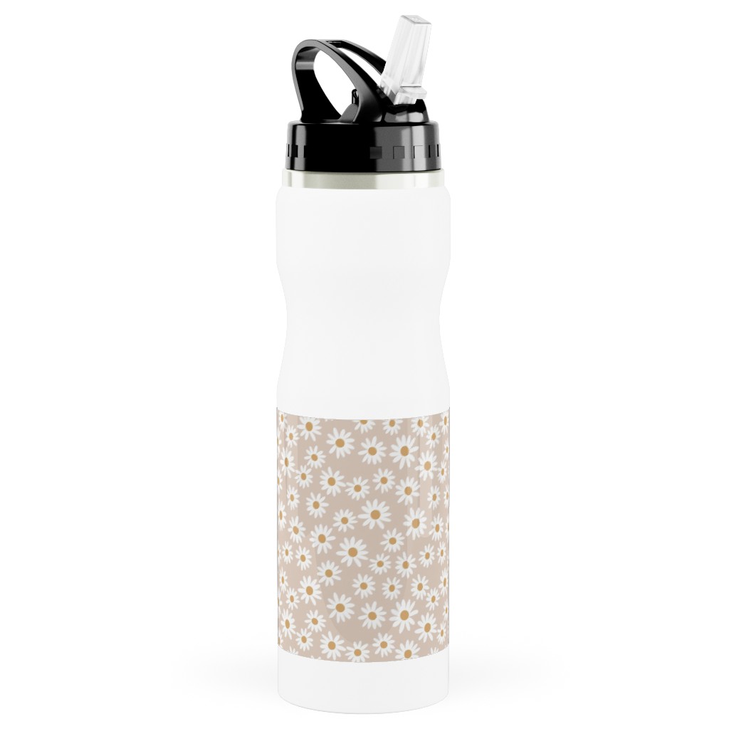 Daisy Print Stainless Steel Water Bottle with Straw, 25oz, With Straw, Beige, Pearl