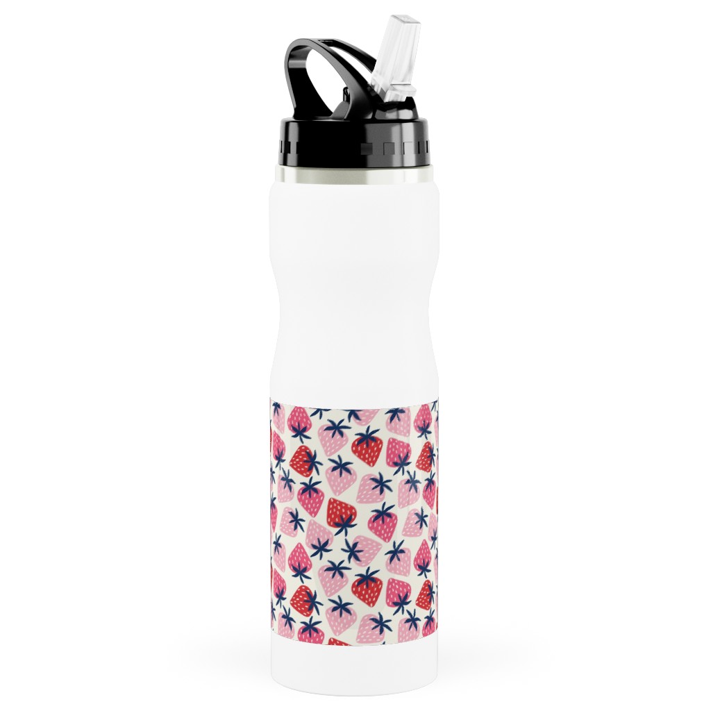 Strawberries - Pink and Red Stainless Steel Water Bottle with Straw, 25oz, With Straw, Pink