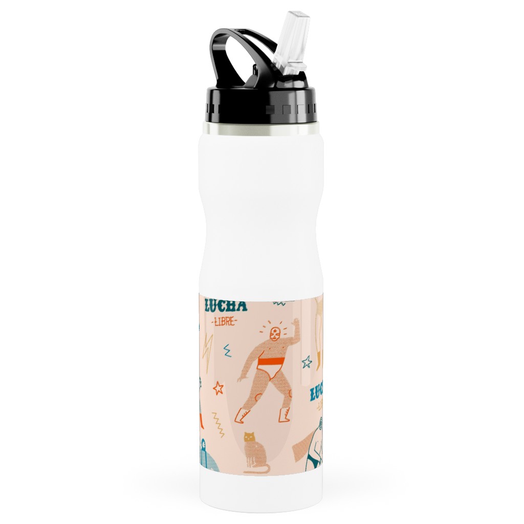 Mexican Lucha Libre - Beige Stainless Steel Water Bottle with Straw, 25oz, With Straw, Beige