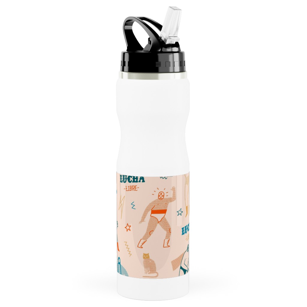 Mexican Lucha Libre - Beige Stainless Steel Water Bottle with Straw, 25oz, With Straw, Beige, Pearl