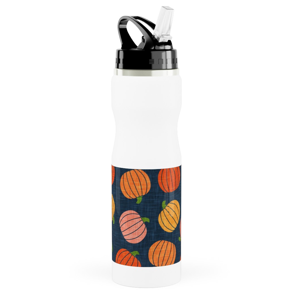 Pumpkin Toss - Orange on Blue Stainless Steel Water Bottle with Straw, 25oz, With Straw, Orange
