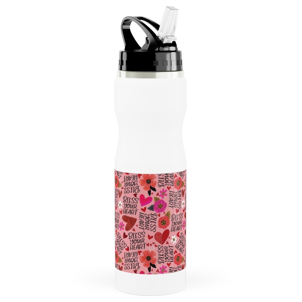 Pretty Bless Your Heart - Floral - Pink and Red Stainless Steel Water Bottle with Straw, 25oz, With Straw, Pink, Bright Pink